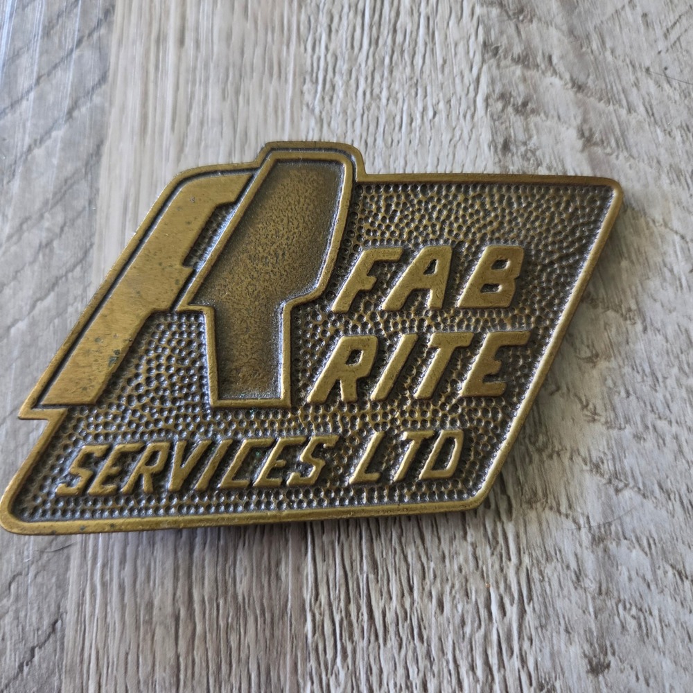 Vintage Fab Rite Services Ltd Brass Belt Buckle Industrial Oil Gas Logo 4in